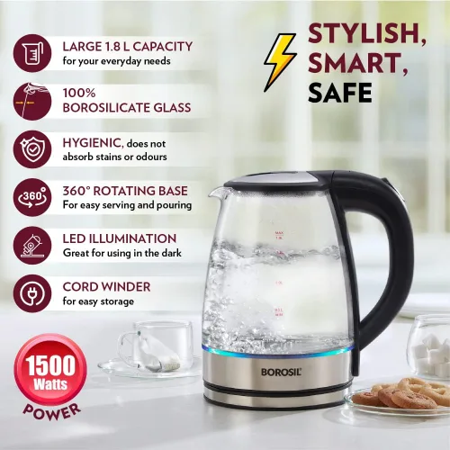 Vista 4 de Borosil Hervidor eléctrico de vidrio, vidrio de borosilicato, cable extralargo, protección contra ebullición, base giratoria de 360°, 1.8 L