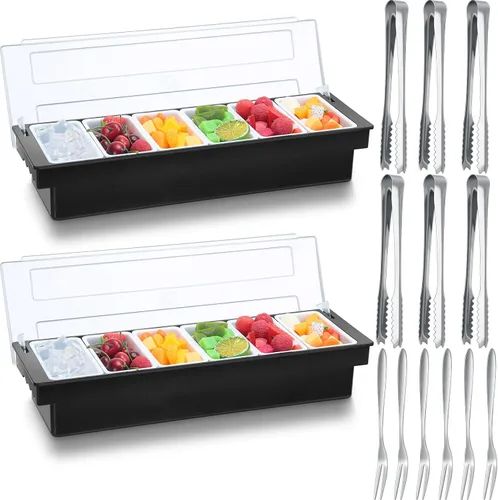 Vista 7 de Bandeja de condimentos de 2 piezas con tapa y servidor de condimentos refrigerado extraíble con 6 pinzas y 6 tenedores para servir barman ensalada