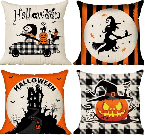 Vista 8 de Juego de 4 fundas de almohada de Halloween de 18 x 18 pulgadas, funda de almohada de lino suave con castillo de gato negro, decoración rústica
