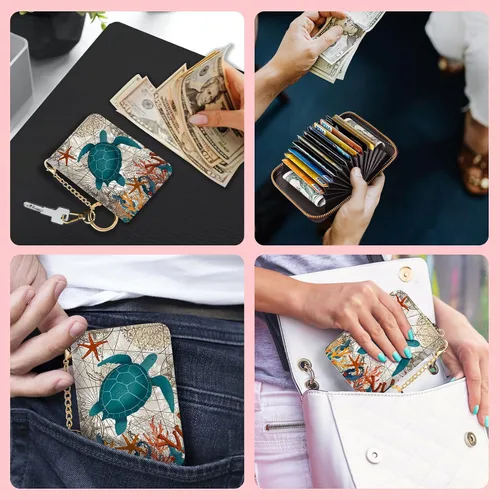 Vista 3 de Blusabaca Cartera con tarjetero RFID para mujer, cartera pequeña para tarjetas con llavero y cremallera, tarjetero de cuero con bolsillo de tortuga