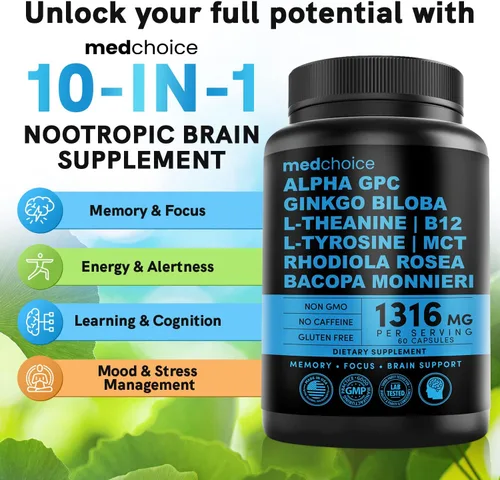 Vista 5 de MEDCHOICE Paquete de suplemento de melatonina para dormir (180 unidades) y cerebro nootrópico (60 unidades) - Dúo de bienestar para dormir, cerebro
