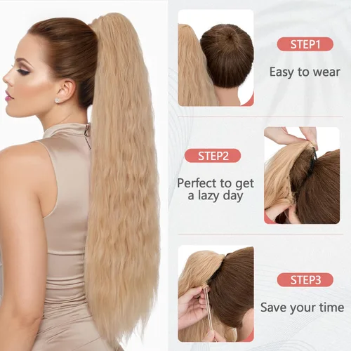 Vista 5 de S-noilite Extensión de cola de caballo larga con cordón, de 32 pulgadas, rizada, ondulada con clip, para mujer, cola de caballo rubia, ondulada