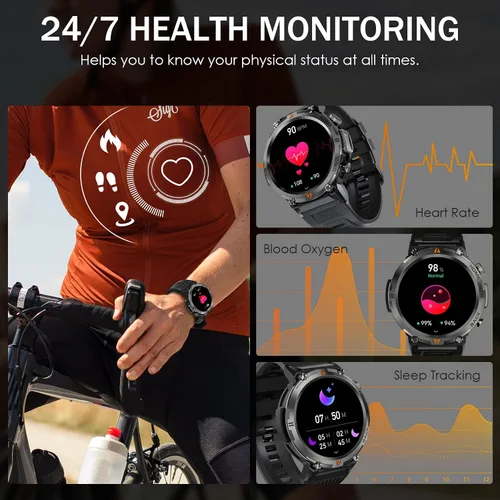 Vista 7 de Reloj inteligente militar para hombres con linterna LED 1.45 "HD 3ATM impermeable Rugged Smart Watch with 100+ Sports Modes Fitness Tracker with