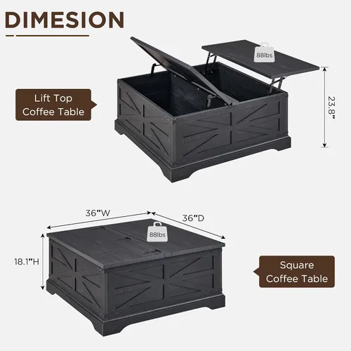 Vista 2 de Farmhouse - Mesa auxiliar cuadrada elevable con gran almacenamiento de 36 pulgadas Mesa de sala de estar de madera con compartimento oculto