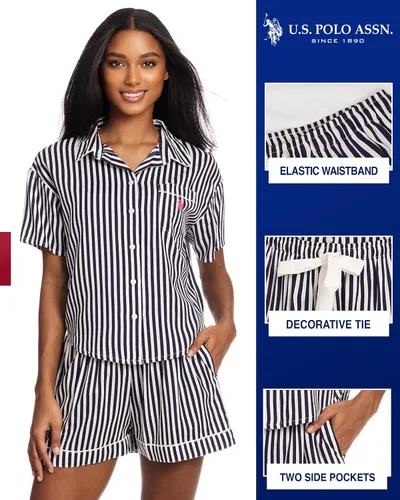 Vista 3 de U.S. Polo Assn. Pijama de verano para mujer, conjunto de camiseta de manga corta con botones y pantalones cortos de pijama, conjuntos de descanso