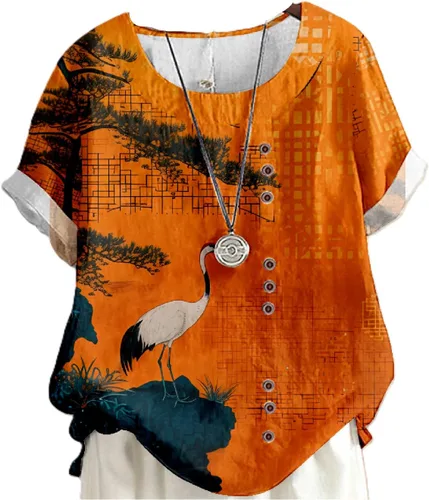 Vista 22 de domirica Flower Bird Printed Loose Boho Shirts Women Plus Size Summer Crew Neck Short Sleeve Blouses Colorido
