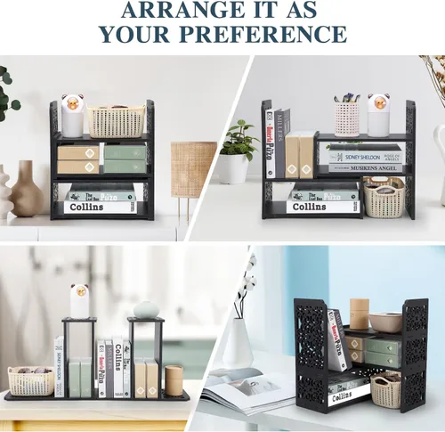 Vista 4 de EARTHSON Estante organizador de escritorio, estantería expandible para escritorio, estantería de escritorio pequeña, mini estantes ajustables