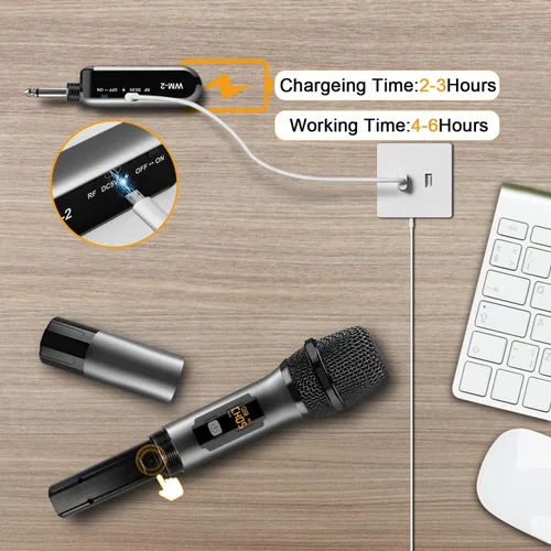 Vista 5 de VeGue Micrófono Inalámbrico, Juego de Micrófono UHF Dinámico de Mano Dual Inalámbrico con Receptor Recargable, para Karaoke, Fiesta, Amplificador