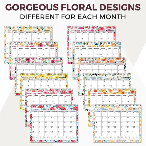 Vista 3 de CRANBURY 2026 Calendario de pared grande 12x15, calendario mensual floral colgante de 12 x 15 con grandes espacios diarios, enero–diciembre de 2026