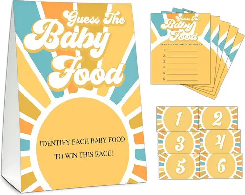 Vista 13 de Guess the Baby Food Party Games, juego de baby shower, 1 letrero de pie + 25 tarjetas de respuesta + 6 tarjetas de números, suministros