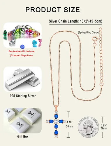 Vista 125 de YL Collar de cruz de plata de ley 925 con colgante de piedra natal religiosa para mujer
