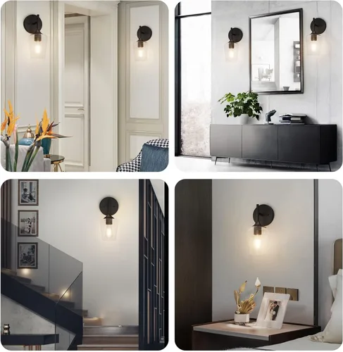 Vista 7 de Ralbay Juego de 2 apliques de pared negros mate para baño, pantalla de vidrio transparente, apliques negros para decoración del hogar, baño, cocina