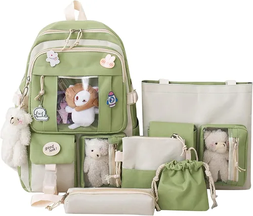 Vista 7 de Mochila Kawaii de 5 piezas, bolsa deportiva estética de 17 pulgadas con bonita mochila, bolsa de hombro, caja de lápices, bolsa de mano, bolsa