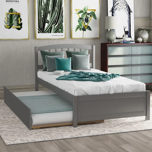 Vista 12 de Harper & Bright Designs Cama individual con cama nido, cama individual de plataforma de madera con cabecera y base de colchón estribo, fuerte