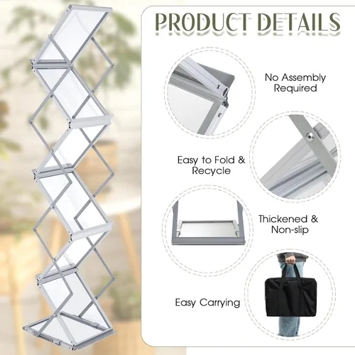 Vista 3 de Tatuo Estante plegable para revistas, catálogo de metal, portátil, 6 bolsillos con bolsa de transporte, soporte de aluminio para folletos, soporte