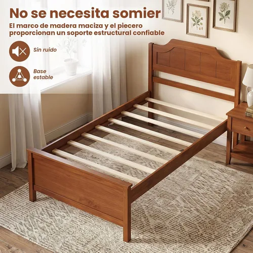 Vista 8 de GIANTEX Twin Size Wooden Bed Frame with Headboard, Wood Slat Support Farmhouse Platform Bed with Heavy Duty Mattress Foundation, Under-Bed