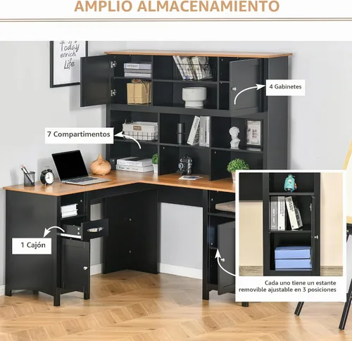 Vista 5 de HOMCOM - Escritorio para computadora en forma de L con gabinete, escritorio