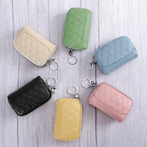 Vista 5 de XEYOU Monedero pequeño de piel auténtica con llavero y anillo, Amarillo, Casual