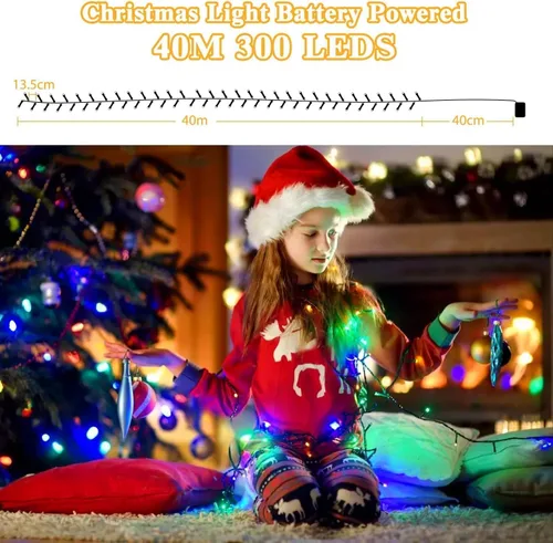 Vista 5 de Luces de Navidad operadas por batería - 132 pies, 300 LED, 8 modos, impermeables para interiores y exteriores, luces de hadas, tiras de luces