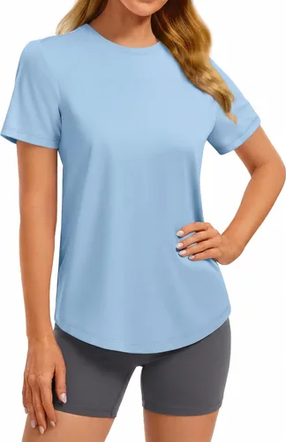 Vista 27 de PINSPARK Camisetas básicas de entrenamiento suaves para mujer, de manga Azul oscuro