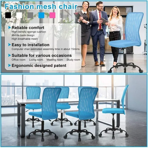 Vista 7 de BLKMTY Silla moderna de malla sin brazos de oficina, azul, altura ajustable, capacidad de 250 libras, certificado BIFMA