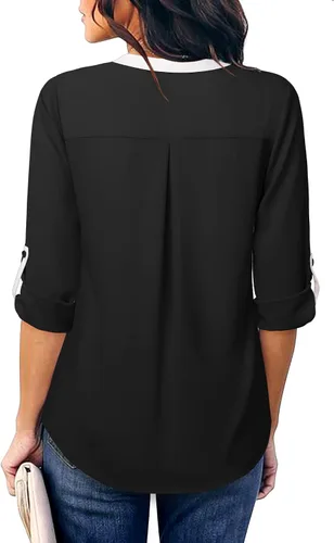 Vista 2 de Gaharu Camisas de manga 34 Casaul para mujer, blusas de gasa con cuello en V
