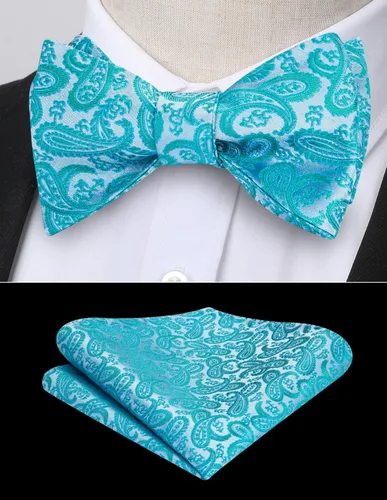 Vista 149 de HISDERN Pajaritas para hombre, corbatín de cachemira para hombre, corbata de lazo y bolsillo cuadrado, juego formal de esmoquin para boda