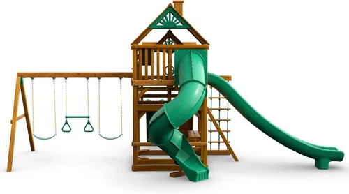 Vista 6 de Gorilla Playsets 01-0031-AP Juego de columpios de madera Great Skye II con techo de madera, 3 toboganes y pared de roca, color marrón