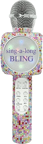 Vista 4 de Wireless Express - Micrófono de karaoke Bling Bluetooth para cantar y altavoz estéreo Bluetooth todo en uno (Confetti Bling)