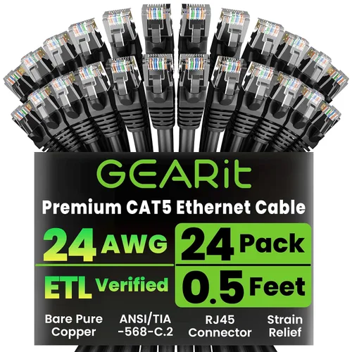 Vista 10 de GEARIT Paquete de 24 cables de conexión Ethernet Cat5e de 1 pie - Cable de red LAN RJ45 sin enganches, color negro
