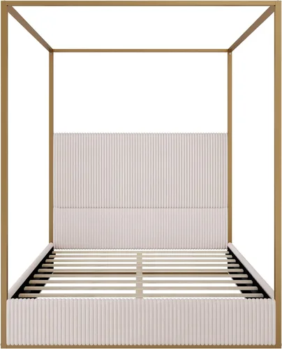 Vista 5 de Cama de Plataforma con Dosel de 4 Postes de Lujo Moderna Tamaño Queen con Cabecera Alta Tapizada en Terciopelo, Marco de Cama de Plataforma