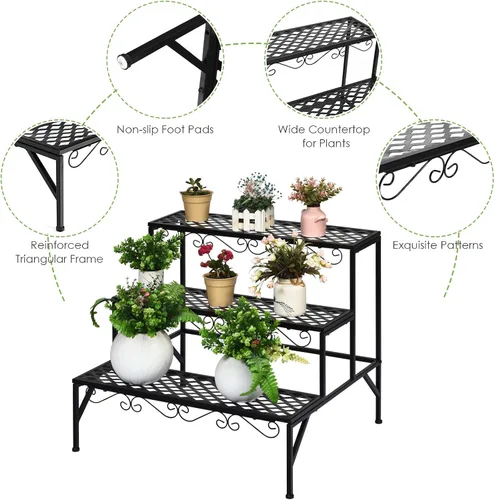 Vista 4 de Giantex Soporte de metal negro para plantas de 3 niveles, soportes de metal para plantas con 6-9 soportes de capacidad en maceta, estante