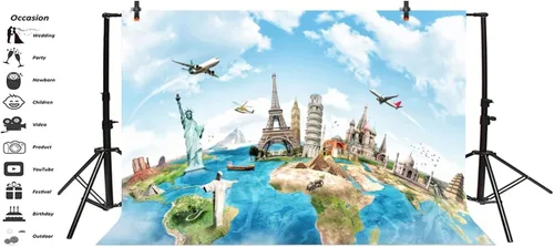 Vista 3 de Yeele Telón de fondo de viaje de globo de 10 x 8 pies, mapa de la tierra, continente mundial, famoso, paisaje, fotografía del hogar, fondo