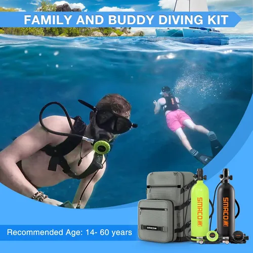 Vista 4 de SMACO Mini tanque de buceo 1.9L Tanque de buceo portátil (2 piezas) Reutilizable Buceo Pony Botella de Respaldo Cilindro de aire de buceo hasta 30