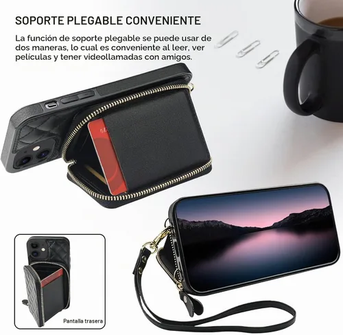 Vista 5 de Bocasal Funda tipo cartera cruzada para iPhone 12/12 Pro, bloqueo RFID, de piel sintética, con cremallera, bolso cartera con tapa plegable, funda