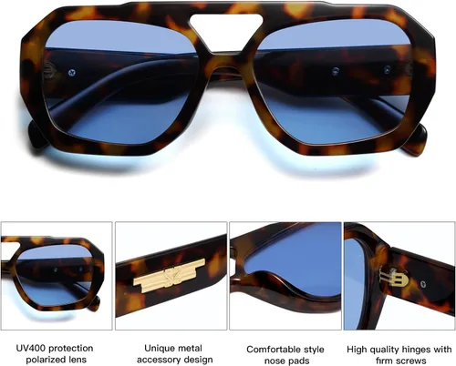 Vista 4 de SOJOS Lentes de sol de aviador de moda para mujer y hombre, polarizados, hexagonales, cuadrados, de doble puente, inspirados en diseñadores, SJ2288