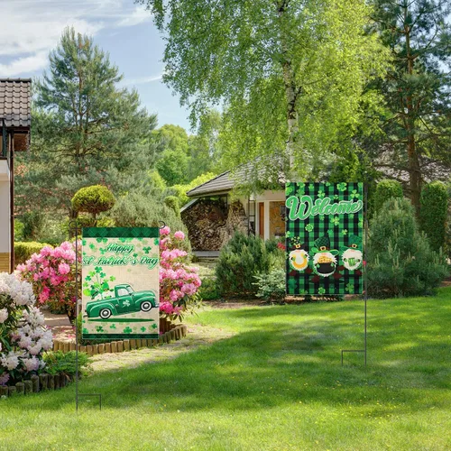 Vista 5 de 2 banderas de jardín del Día de San Patricio de 18 x 12 pulgadas, bandera de bienvenida del día de San Patricio, gnomo irlandés de trébol, bandera