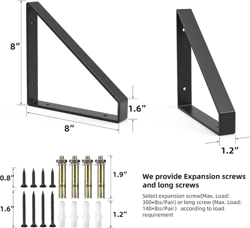 Vista 6 de 2 soportes de estante resistentes, soportes de pared de metal de 8 pulgadas, soporte triangular de acero, 300 libras de carga para garaje, taller
