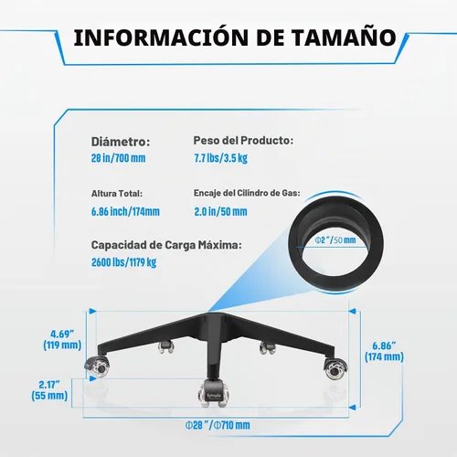 Vista 2 de Sytopia Base de silla de oficina de 28 pulgadas con ruedas, juego de 5, base de silla de escritorio resistente de 2600 libras, ruedas suaves y Negro