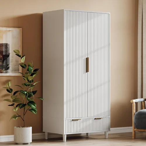 Vista 7 de VINGLI Armario Ropero Estriado con Puertas y Cajones, Gabinete Armario Blanco con Barra para Colgar, Armario de Madera para Dormitorio, Armario
