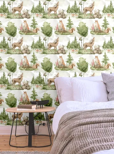 Vista 2 de Blooming Wall DPY25-5 - Papel tapiz autoadhesivo removible con diseño de animales en bosques verdes