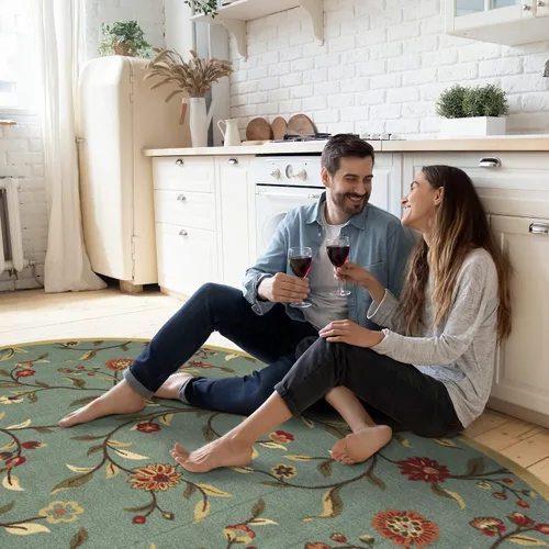 Vista 43 de Ottomanson, colección OttoHome, tapete para corredor con diseño azul claro y damasco (antiderrapante), parte trasera de goma Floral Beige