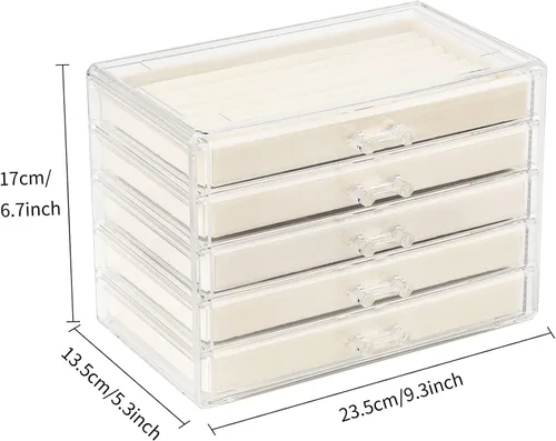 Vista 2 de BeShiny Organizador de joyas de acrílico con 5 cajones, caja de joyería transparente para mujeres y niñas, organizador de joyas de terciopelo