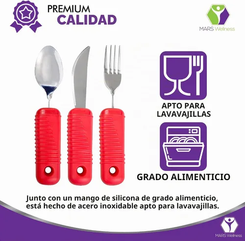Vista 3 de Juego de utensilios rojos de fácil agarre de 3 piezas, tenedor flexible