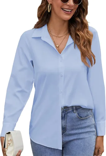 Vista 14 de Camisas de manga larga con botones para mujer, blusas casuales con cuello sin arrugas, para el trabajo, la oficina