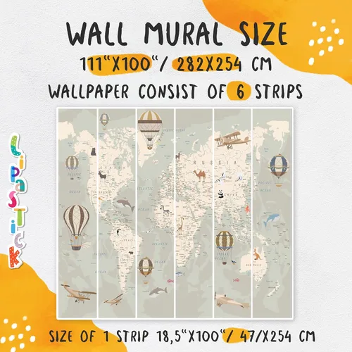 Vista 3 de Papel tapiz de mapa del mundo para niños con animales, calcomanías educativas para despegar y pegar, murales de guardería para bebés, niños