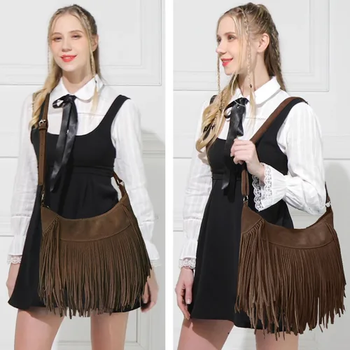 Vista 6 de Sunwel Fashion Bolso hobo con flecos para mujer, bolso de hombro estilo occidental, de ante vegano, con borlas, hippie, bandolera