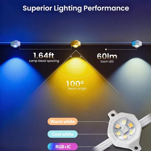 Vista 3 de Rosykite Luces de Navidad al Aire Libre - 50 pies de luces inteligentes RGB+IC para canalones con 63 escenas, impermeables IP67, control de voz