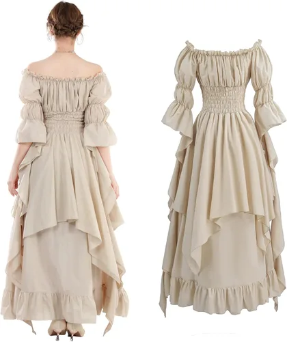 Vista 3 de Vestido renacentista para mujer, vestido victoriano, vestido de novia de Beige
