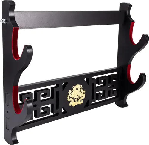 Vista 8 de Soporte de exhibición Katana para armas, soporte acolchado de terciopelo para espada, soporte de pared Wakizashi Samurai Sword Rack Logo Dragon
